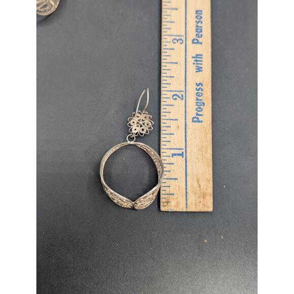 Vintage 925 Silver Large Filigree Flower & Bell Drop Earrings 7.59 Grams - Picture 6 of 7